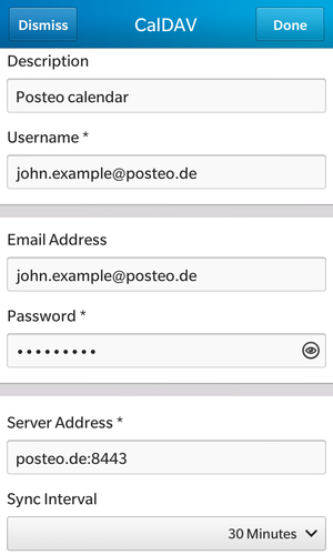 For "Username" and “Email Address” enter your email address, for “Password” your password. The "Server Address" is “posteo.de:8443”, choose how ofetn the calendar should be synchronised and tap "Done".